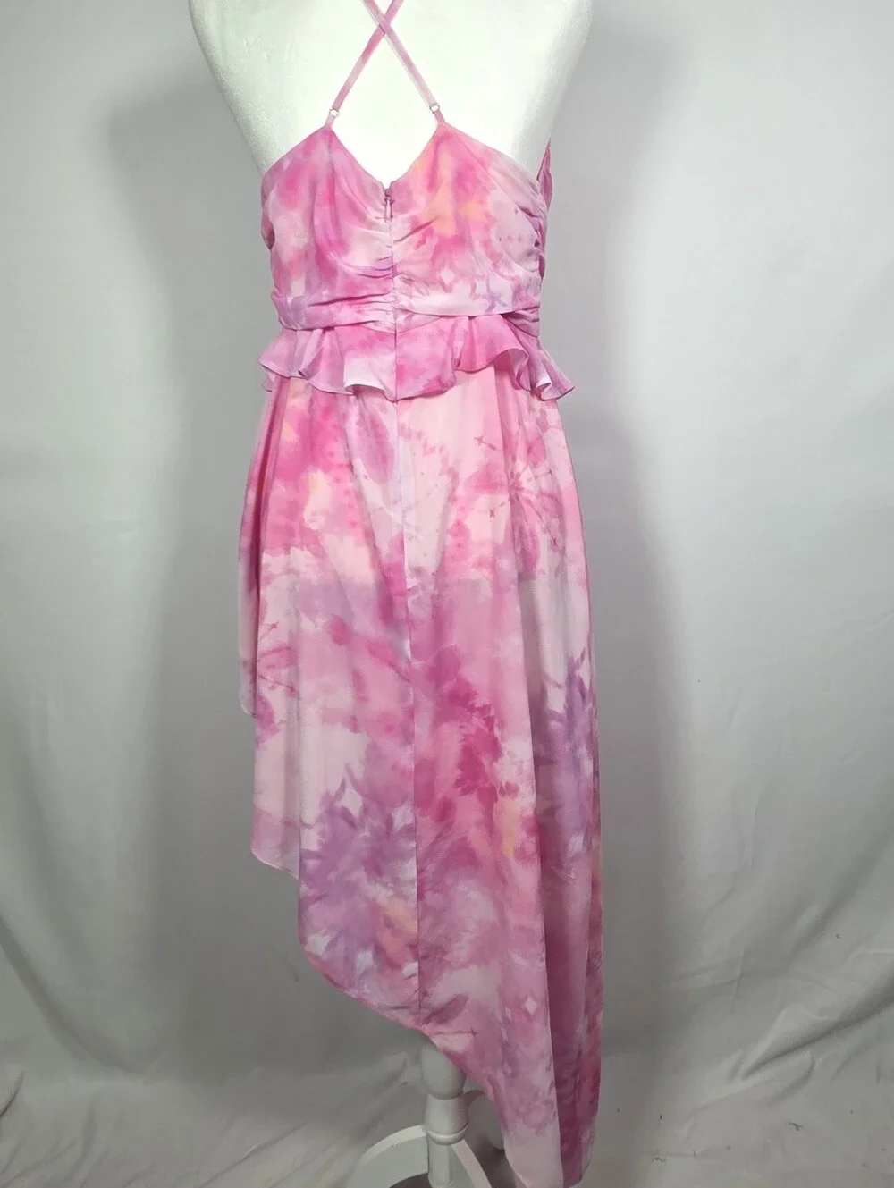 Tularosa Pink Tie Dye Ruffle High Low Midi Dress‎ Strappy L